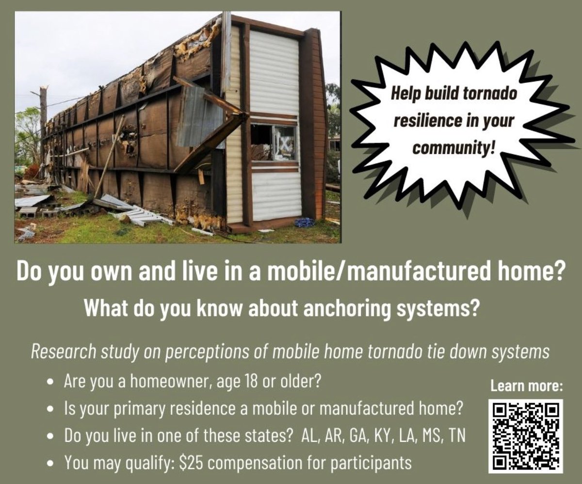 University research study on severe weather, mobile homes, and tie down systems 👇🏽. Do you own and live in a mobile or manufactured home? You may be eligible to participate ($25 compensation if selected). Learn more at: hps.unt.edu/emds/achieving….