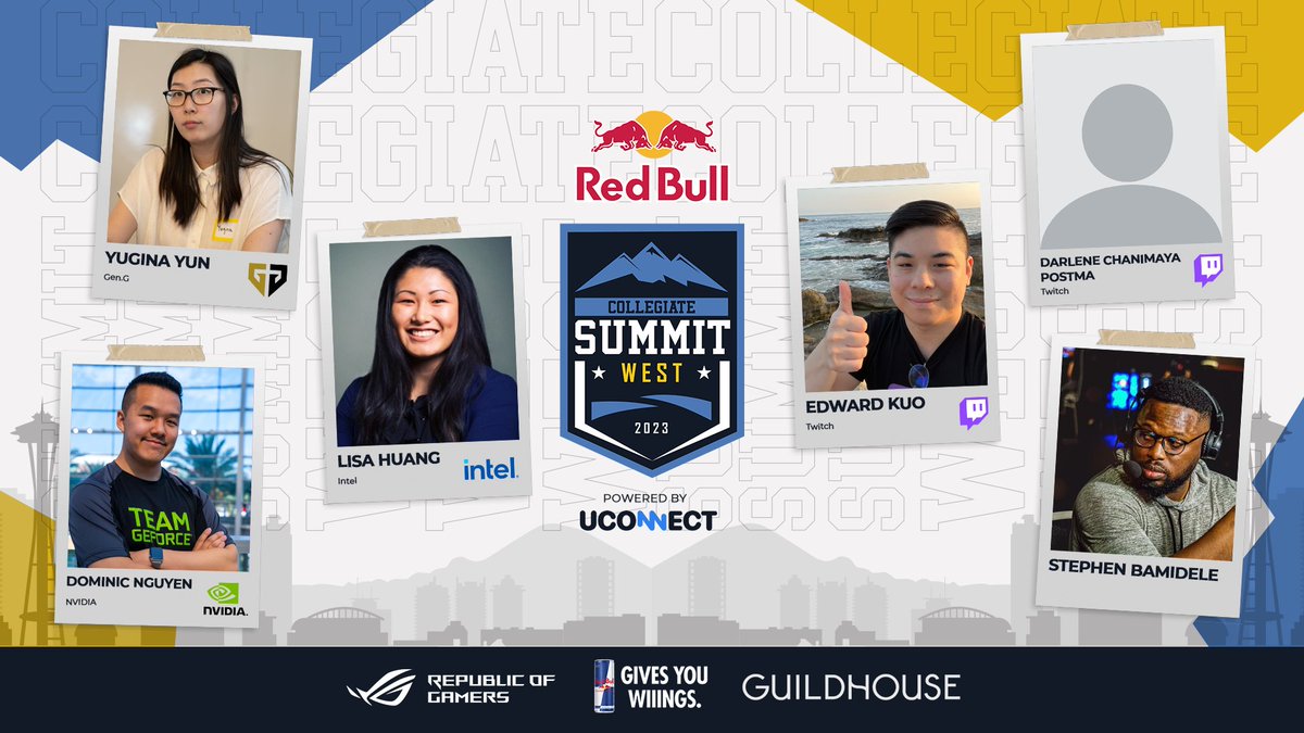 uconnect_app's tweet photo. 🚨🚨🚨WEE WOO WEE WOO time to announce our speakers for Collegiate Summit: West THIS Saturday made possible by our friends at @redbullgaming! And also our supporting partners at @ASUS_ROGNA and @guildhouse!

@HappyYugina | @GenG 
Lisa Huang | @intel 
@Silverddragn | @NVIDIAGeForce 
@EdwardKuo | @Twitch 
Darlene Postma | @Twitch 
@BamOfThePpl 

We will also be having ASUS stop by and possibly Playstation!
