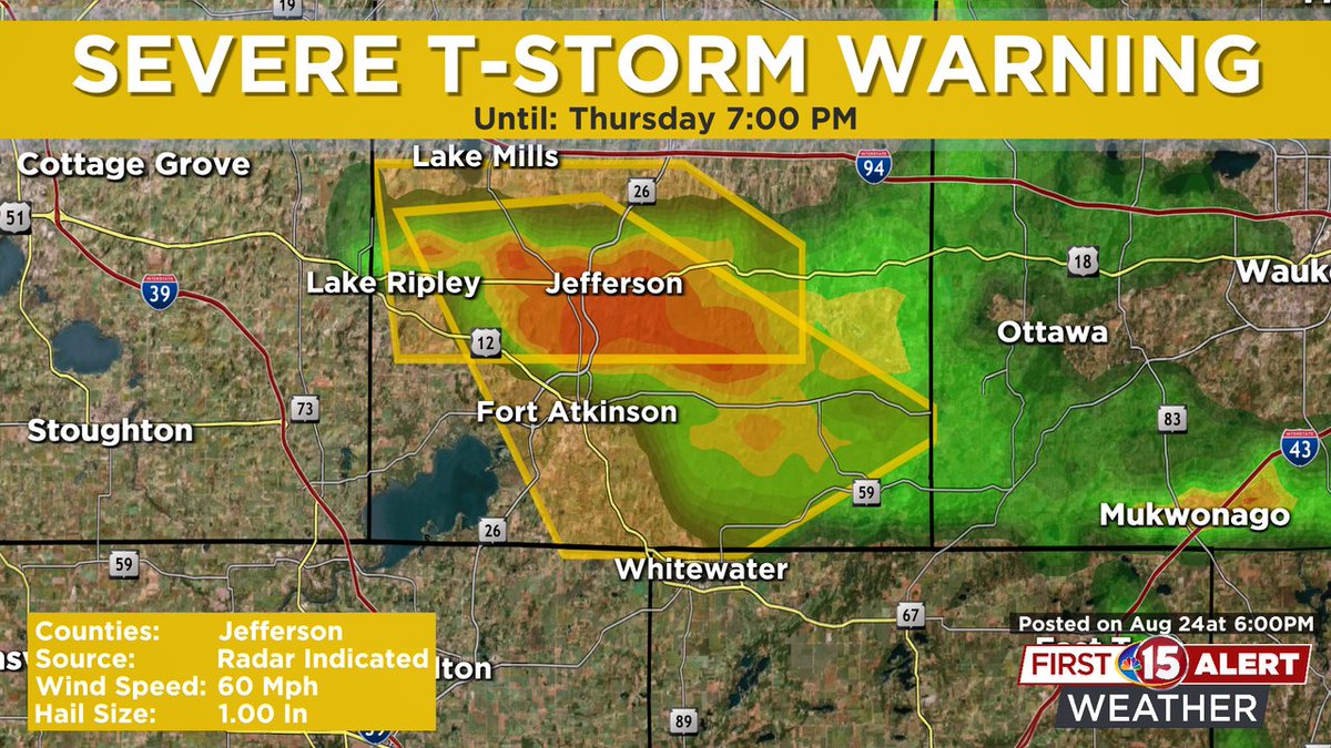 A *Severe Thunderstorm Warning* has been issued for Jefferson counties until 24 Aug 7:00PM. Tune in to NBC15 for the latest updates!