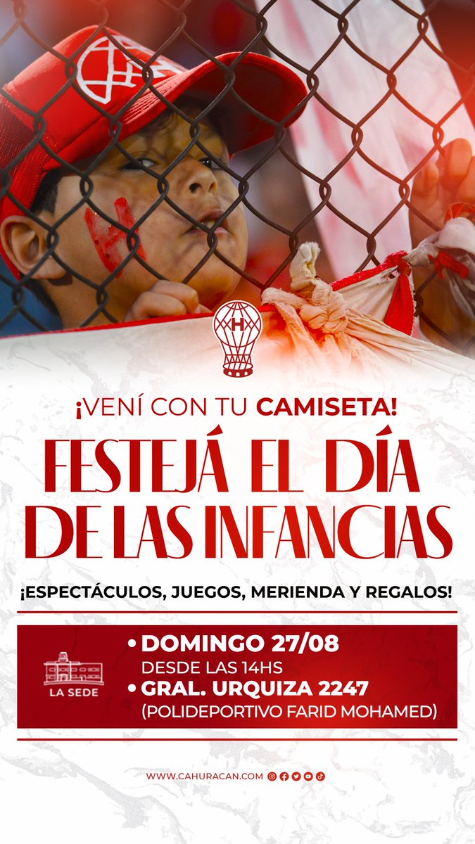 CAHuracan's tweet photo. Este domingo te invitamos a seguir festejando el Día de las Infancias 🧸
🔜 Te esperamos desde las 14:00 en el Polideportivo Farid Mohamed (General Urquiza 2247)
Consigna: ¡Vení con tu camiseta de #Huracán! 🎈❤️ https://t.co/d4MqUQBAt5