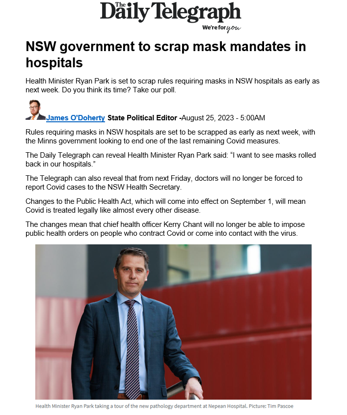 BigBadDenis's tweet photo. Health Minister Ryan Park said: “I want to see masks rolled back in our hospitals.”
Mr Park said it was time to “adjust our settings to reflect the changing public health conditions”.
“We’ve got to learn to live with Covid-19 and return to normal,” he said.
🤦♂️
@RyanPark_Keira https://t.co/t6i3aesGo7