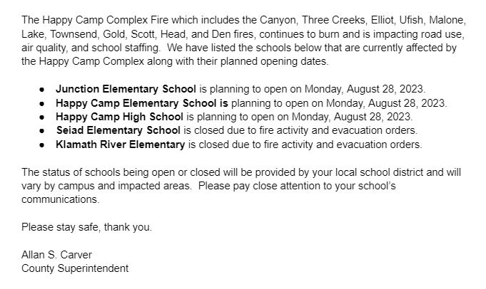 ShellyeLeggett's tweet image. #HappyCampComplex is affecting more than just air quality and roads. Check out this post from the Siskiyou Office of Education.