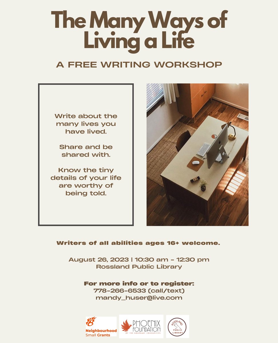 Free Writing Workshop with Mandy @mandyhuser⁠
THIS SATURDAY!
Saturday August 26th 10:30am-12:30pm ⁠
at the Rossland Library!⁠
⁠
*for ages 16+⁠
To register contact Mandy:⁠
778-266-6533⁠
mandy_huser@live.com⁠
⁠
#rosslandlibrary #writingworkshop #localwriter #rosslandbc⁠