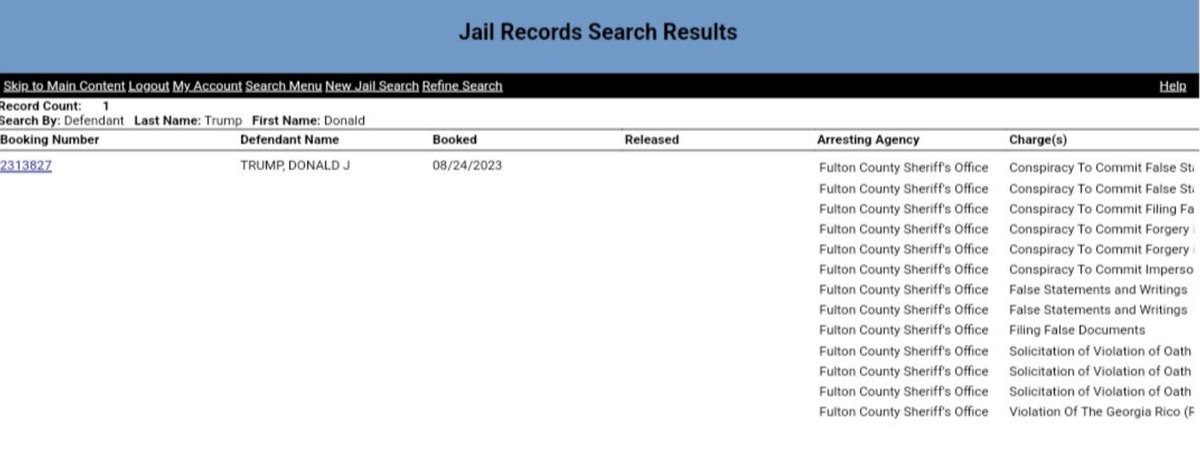 girlsreallyrule's tweet photo. The Fulton County Jail has Donald Trump's booking information entered into the system and it has been made public. He has booking #23138237. I will send out the #TrumpMugShot the second we have it. 

Let's hold hands. https://t.co/RADSa7BLFN