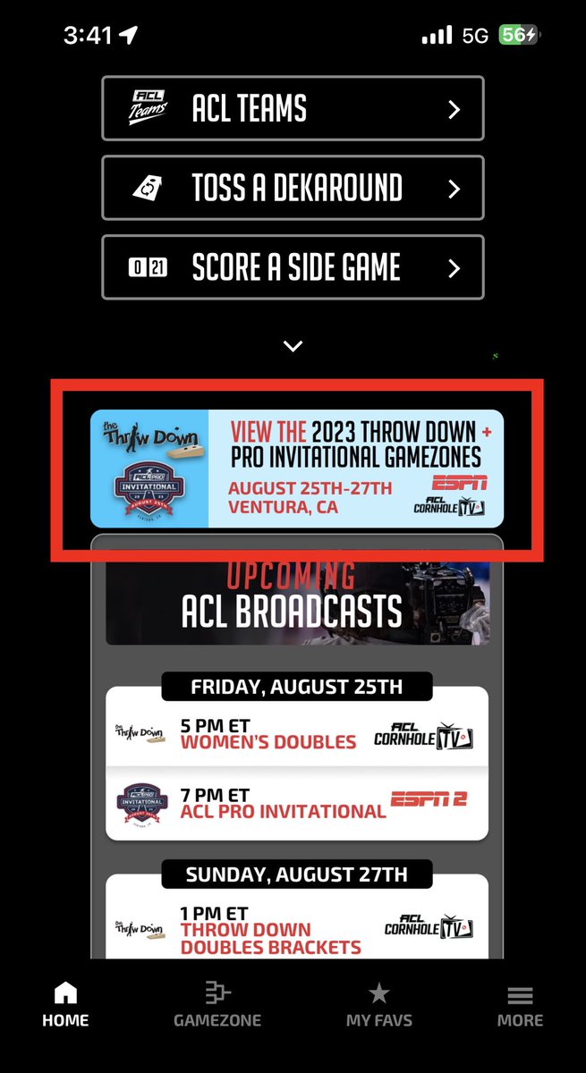 Just in time for The Throwdown!

The ACL Fanzone app now has a banner for large events on the Home Screen that when you click it, it brings you into all the tournaments and you can search directly by player name

This does require an app update from the App Store