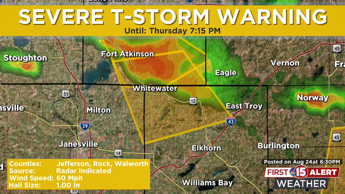 A *Severe Thunderstorm Warning* has been issued for Walworth, Jefferson, Rock counties until 24 Aug 7:15PM. Tune in to NBC15 for the latest updates!