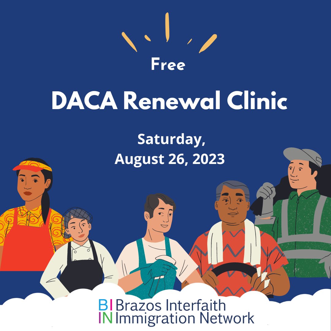 The Brazos Interfaith Immigration Network is hosting a free DACA Renewal Clinic this Saturday, August 26th. This event is by appointment only, so be sure to visit the link and save your spot! 
brazosimmigration.com/free-daca-rene…