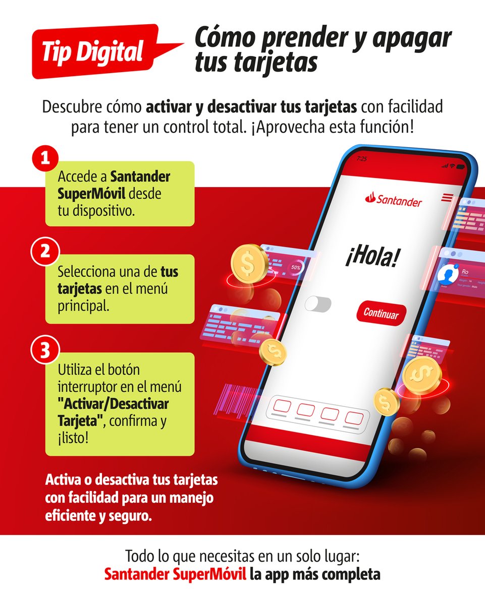 IGNLatam's tweet photo. #TipDigital Santander: Activa y desactiva tus tarjetas al instante desde SuperMóvil, la app más completa. 📱✅ https://t.co/HAkLGBsQQn