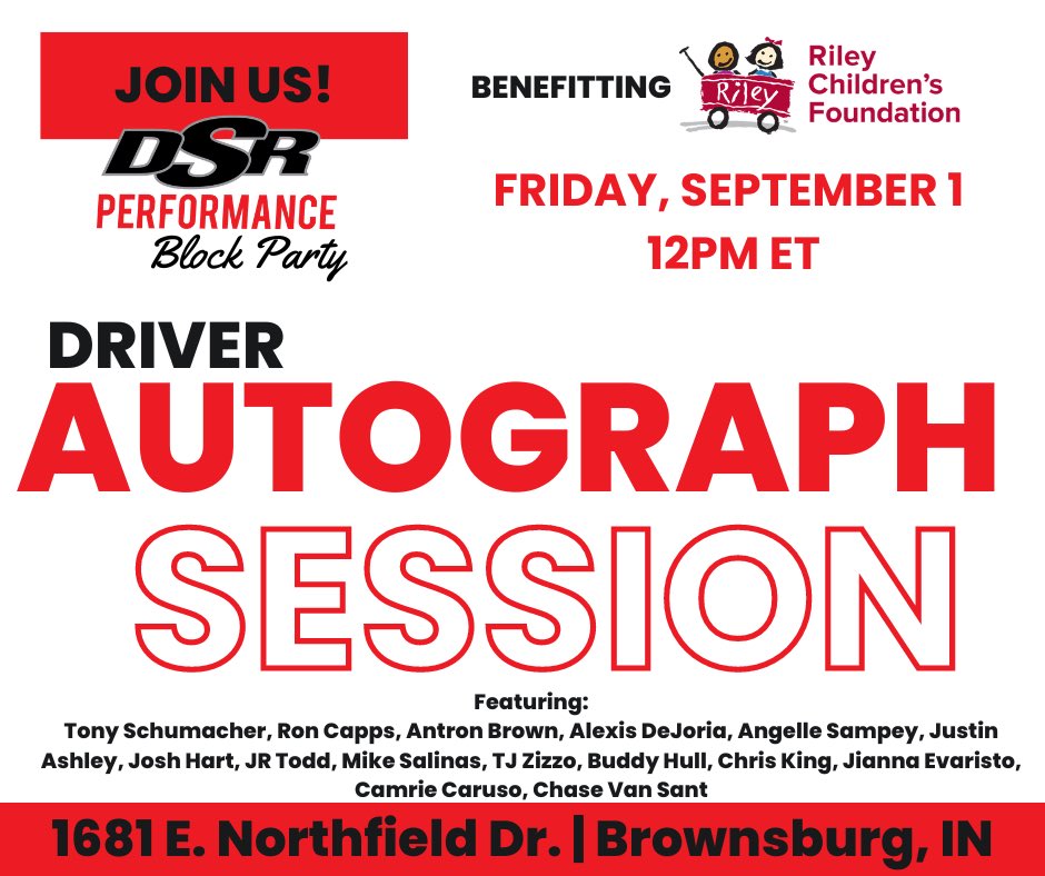 joshharttf's tweet photo. Kicking off the #BigGo at the DSR Performance Block Party on Friday, September 1! I’ll be signing autographs at 12PM ET along with some other @NHRA stars. Come on out and help support a great cause. And remember, it’s for the @RileyKids! 

#USNats https://t.co/rezRiVfBID