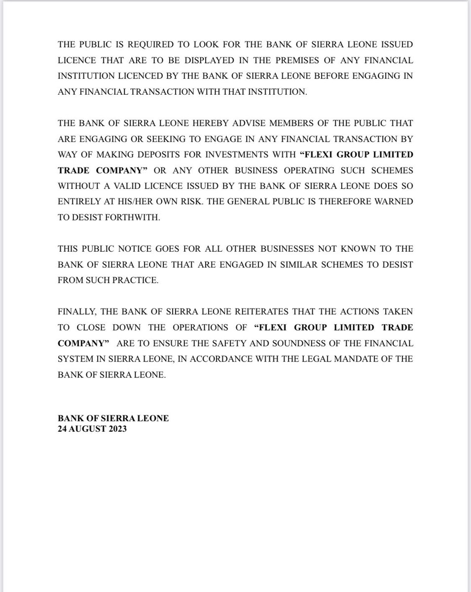 Today, the Bank of Sierra Leone (BSL) has closed down the operations of “Flexi Group Limited Trade Company” located at Jui Junction because of carrying out financial services without a valid licence.