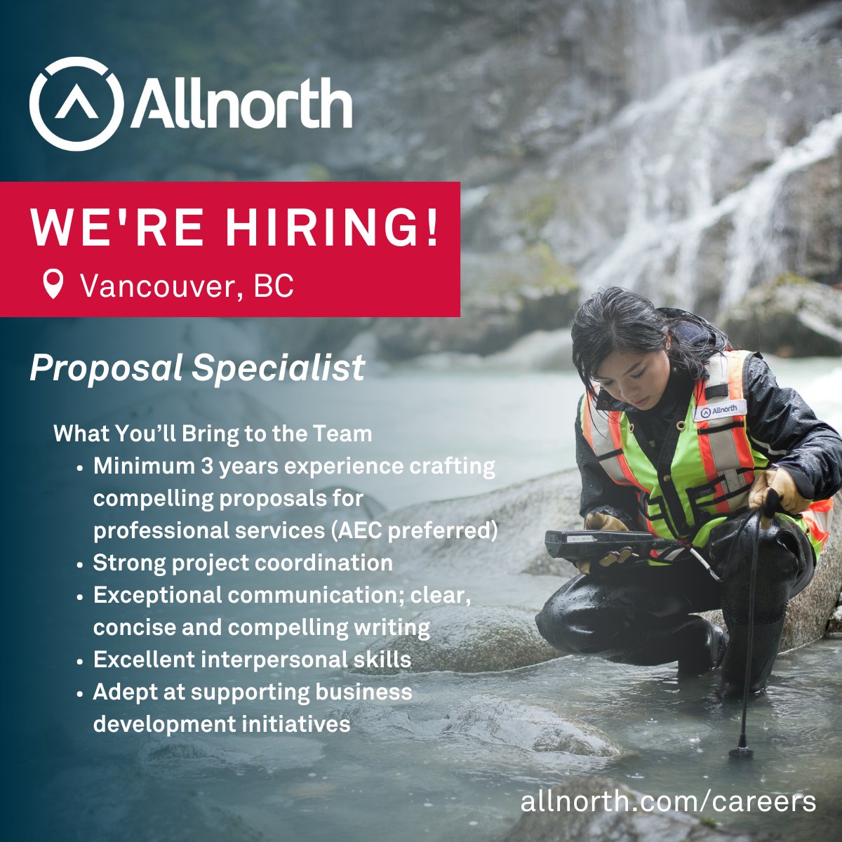 Allnorth's tweet photo. We're Hiring a Proposal Specialist! If you're passionate about crafting compelling proposals and supporting business development, you may be the perfect fit on our team. To apply head to our careers page https://t.co/kmbY96vb6g. 

#TeamAllnorth #Jobopening #Recruiting https://t.co/HV1cZ9Dx13
