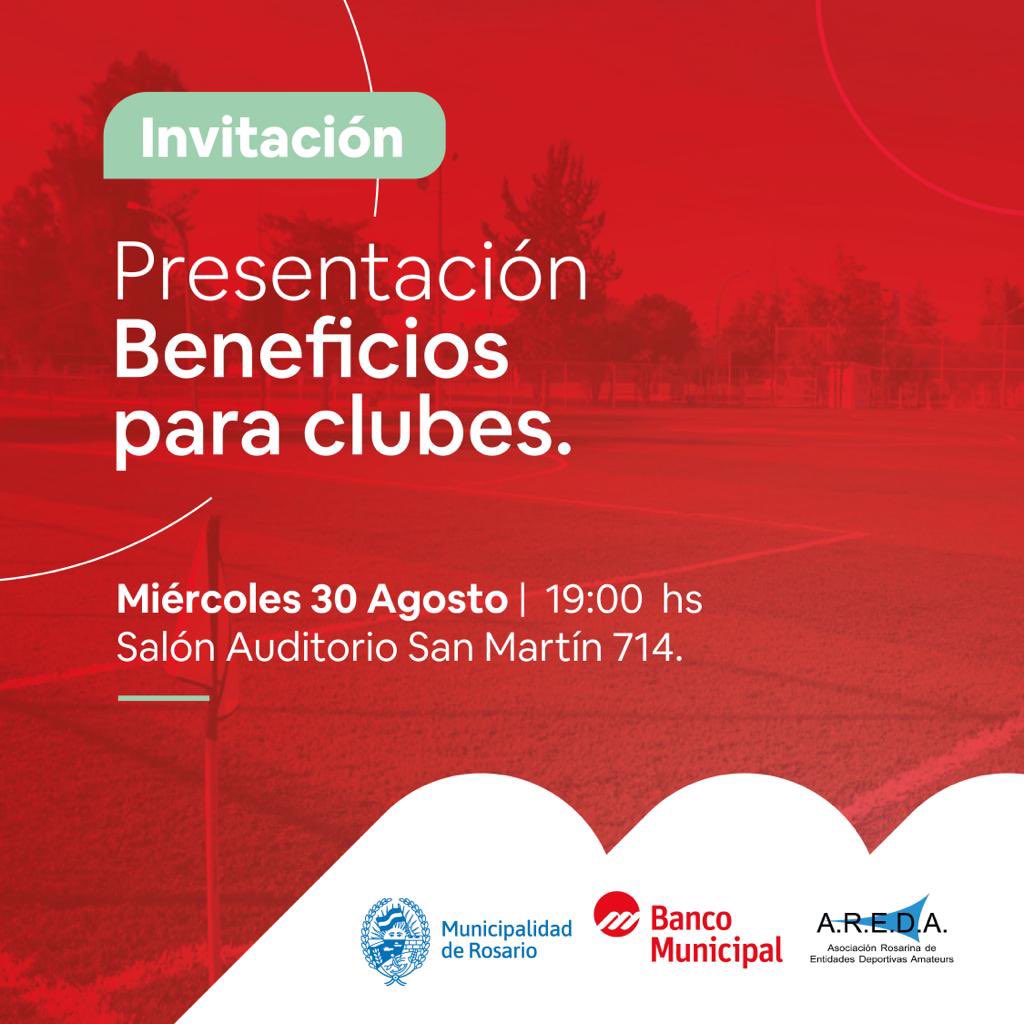 aredaclubes's tweet image. Hola Clubes !!!
En esta oportunidad junto a la municipalidad de Rosario y al Banco Municipal  los invitamos a la presentación de beneficios para clubes. Los esperamos !!