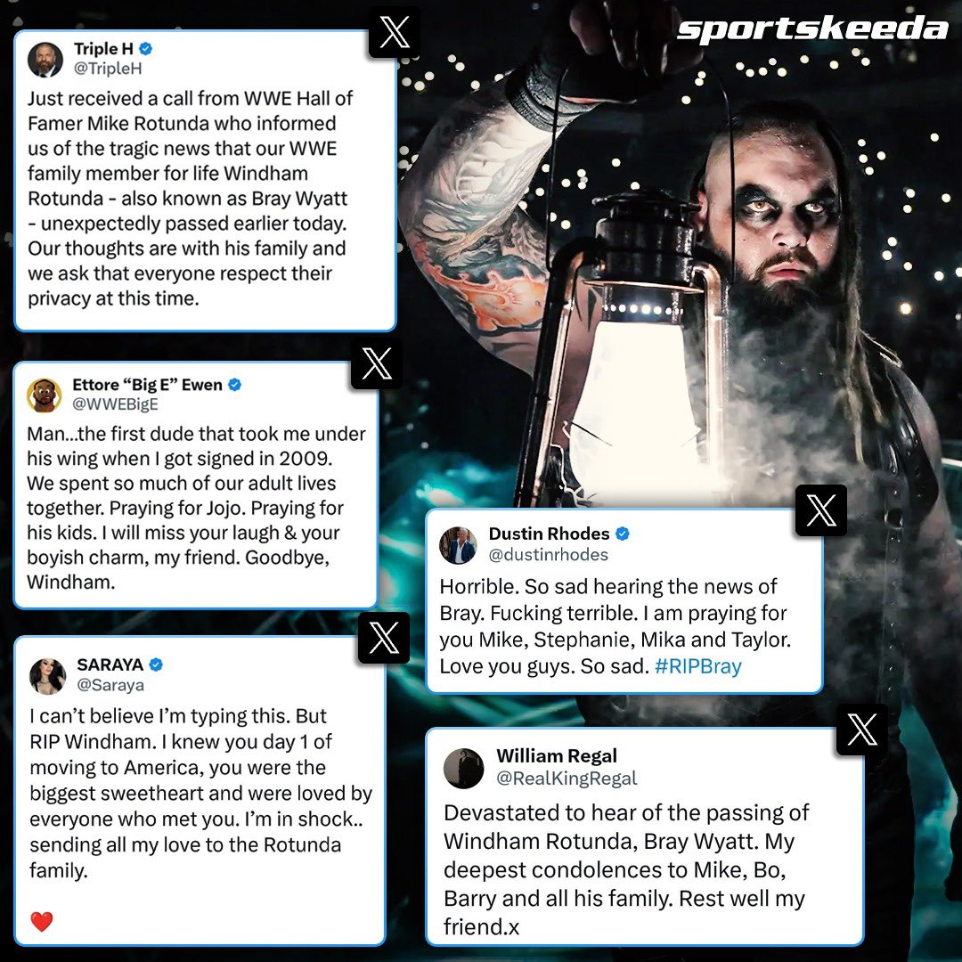 SKWrestling_'s tweet photo. Tweets poured in as the wrestling world mourns the loss of #BrayWyatt. 💔
#RIPBrayWyatt https://t.co/zJe6SxL9Nr