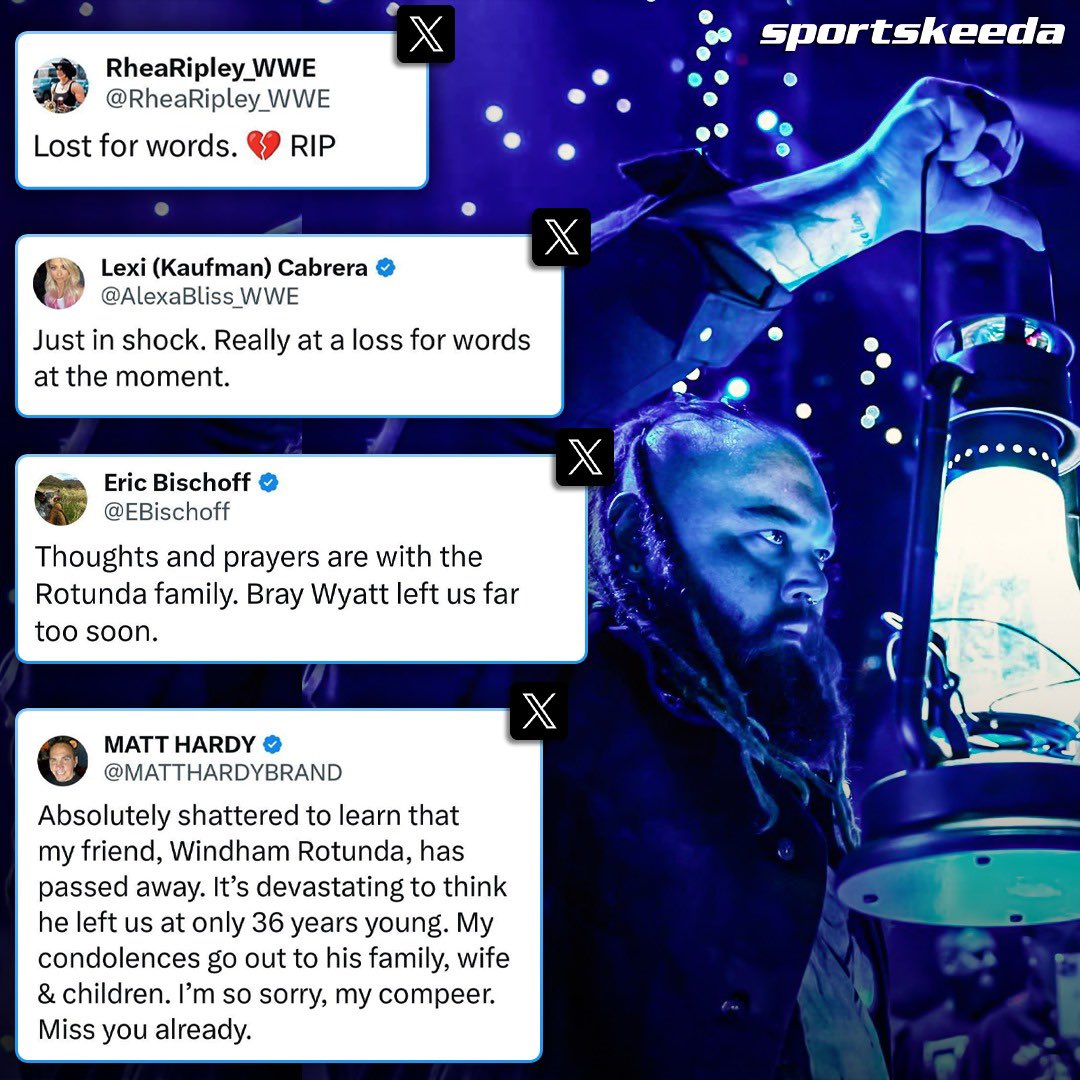 SKWrestling_'s tweet photo. Tweets poured in as the wrestling world mourns the loss of #BrayWyatt. 💔
#RIPBrayWyatt https://t.co/zJe6SxL9Nr