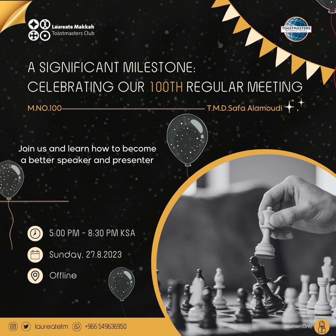 You're invited to our 100th toastmasters regular meeting. 

*Meeting details* 
💥Theme: A Significant Milestone: Celebrating Our 100th Regular Meeting

🗓️Date: Sunday, 27 Aug  2023 

⏰Time: 5-8:30

📍Place: Offline