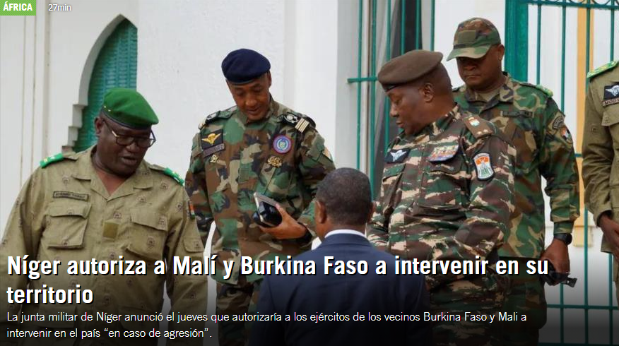 RadioReporte's tweet photo. La junta militar de #Níger anunció que autorizaría a los ejércitos de los vecinos #BurkinaFaso y #Mali a intervenir en el país en caso de una agresión de la #CEDEAO y "reiteraron su rechazo a una intervención armada, que será considerada como una declaración de guerra”. #Africa https://t.co/xWxxOc28oq