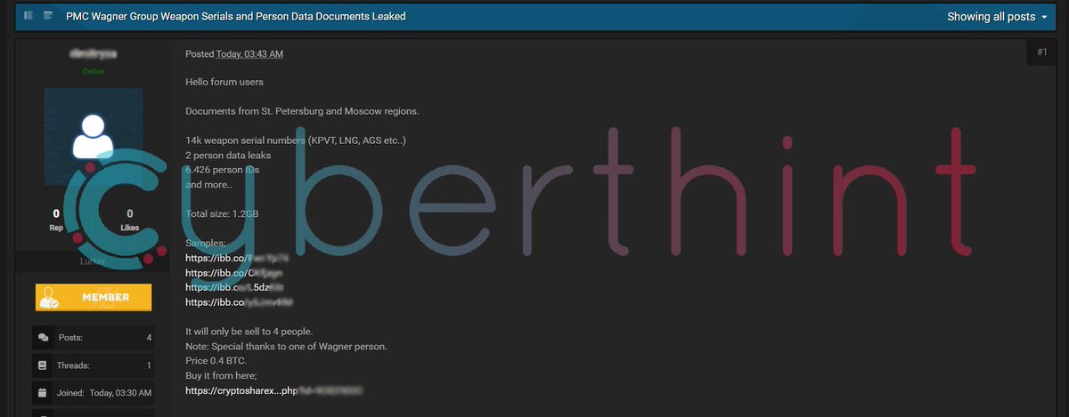 cyberthint's tweet photo. A threat actor has announced that it has put up for sale private data it claims belongs to #PMC #Wagner Group. #Leaked data; 14K weapon serial numbers (#KPVT, #LNG, #AGS etc.), 2 person data, 6.426 person IDs, and more.

The threat actor stated that this data will be sold to only 4 people. According to the reviews on a #crypto sharing platform where the files are sold, it is observed that 2 people are currently buying this leaked data.

It is estimated that the threat actor, who left a note at the end of the sale announcement, seized and leaked these files with the help of a person from the Wagner Group, with the phrase "Special thanks to one of Wagner person".

It is significant that this #leak was shared right after the death of Wagner Group leader #Yevgeny #Prigozhin...