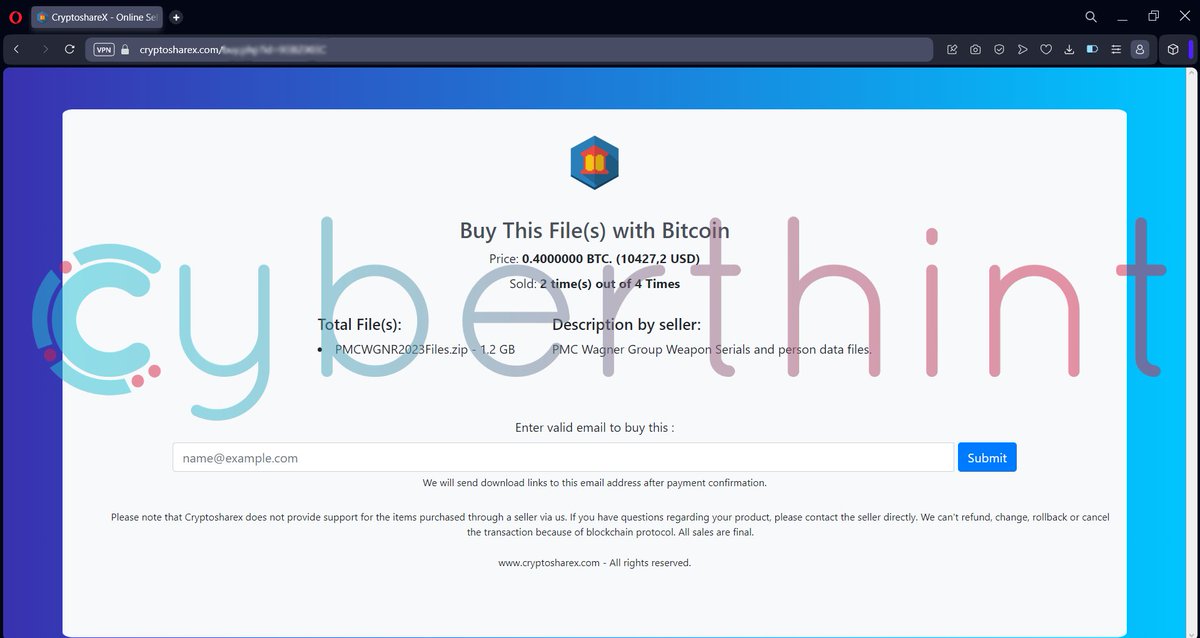 cyberthint's tweet photo. A threat actor has announced that it has put up for sale private data it claims belongs to #PMC #Wagner Group. #Leaked data; 14K weapon serial numbers (#KPVT, #LNG, #AGS etc.), 2 person data, 6.426 person IDs, and more.

The threat actor stated that this data will be sold to only 4 people. According to the reviews on a #crypto sharing platform where the files are sold, it is observed that 2 people are currently buying this leaked data.

It is estimated that the threat actor, who left a note at the end of the sale announcement, seized and leaked these files with the help of a person from the Wagner Group, with the phrase "Special thanks to one of Wagner person".

It is significant that this #leak was shared right after the death of Wagner Group leader #Yevgeny #Prigozhin...