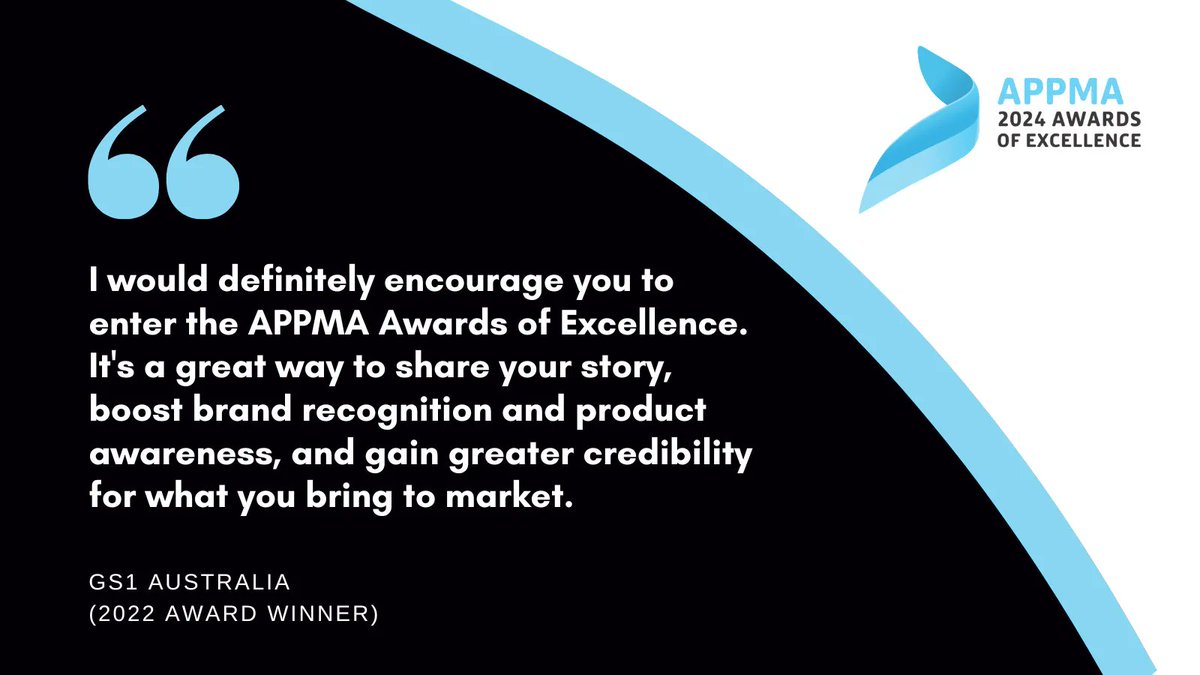Appex2027's tweet image. "I would definitely encourage you to enter the APPMA Awards of Excellence." - GS1 Australia (2022 Award Winner). Submit your entry now and join the league of industry leaders. For more information, visit: buff.ly/3Xvi87f #APPMA #APPEX2024