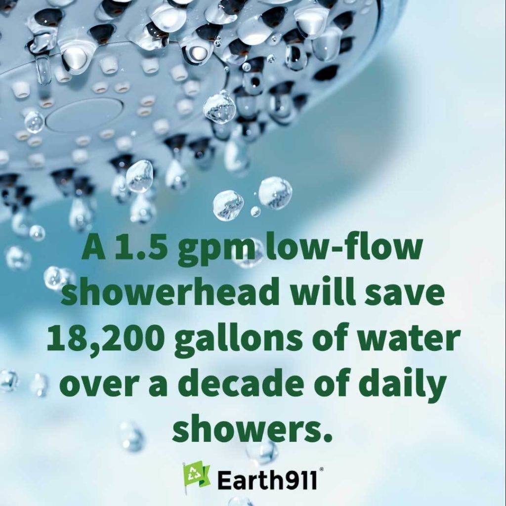 Earth911's tweet photo. 💧It's time for a #sustainable swap; try a low-flow shower head to #conservewater at home. A 1.5 GPM shower head can save 18,200 gallons over a decade compared to a standard 2.5 GPM. Taking a #smallaction today can make a big difference over time. #Water https://t.co/nDLb8M5cnx https://t.co/i5QUEX4i2h