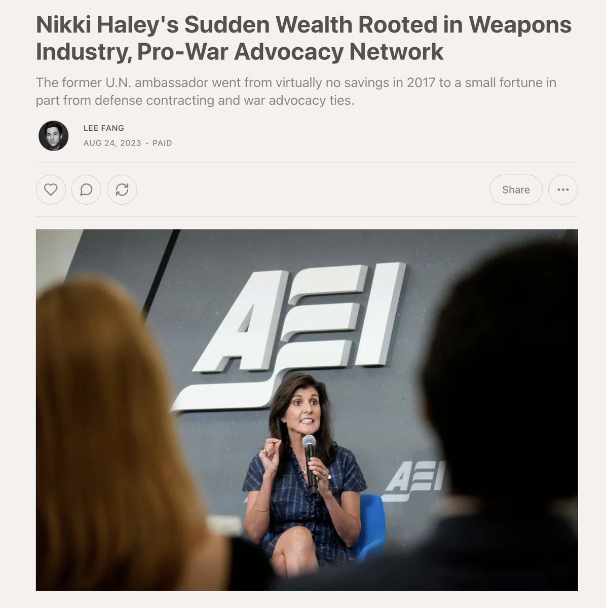 lhfang's tweet photo. Vivek's quip that Nikki Haley's future career was on the boards of Raytheon and Lockheed Martin was a viral moment but raised an interesting question. 

How did Nikki Haley go from $1 million in debt a few years ago to a $5 million mansion and over $12 million in income? https://t.co/tEByTMQK22