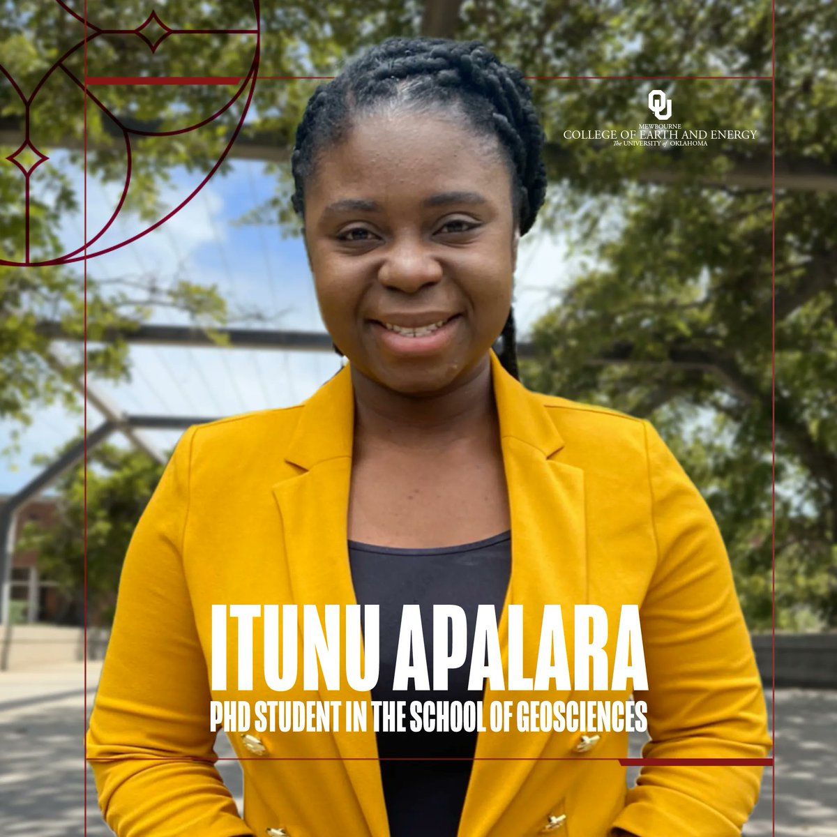 OUMewbourne's tweet photo. Congratulations to Ph.D. Student Itunu Apalara, who was awarded a grant from the Lewis and Clark Fund for Exploration and Field Research in Astrobiology.
𝒀𝒐𝒖 𝒂𝒓𝒆 𝒘𝒉𝒂𝒕 𝒎𝒂𝒌𝒆𝒔 𝒐𝒖𝒓 𝒄𝒐𝒍𝒍𝒆𝒈𝒆 𝒈𝒓𝒆𝒂𝒕!
#oumewbourne #theresonlyone #boomer #norman #sooners https://t.co/DSejf8h0d4