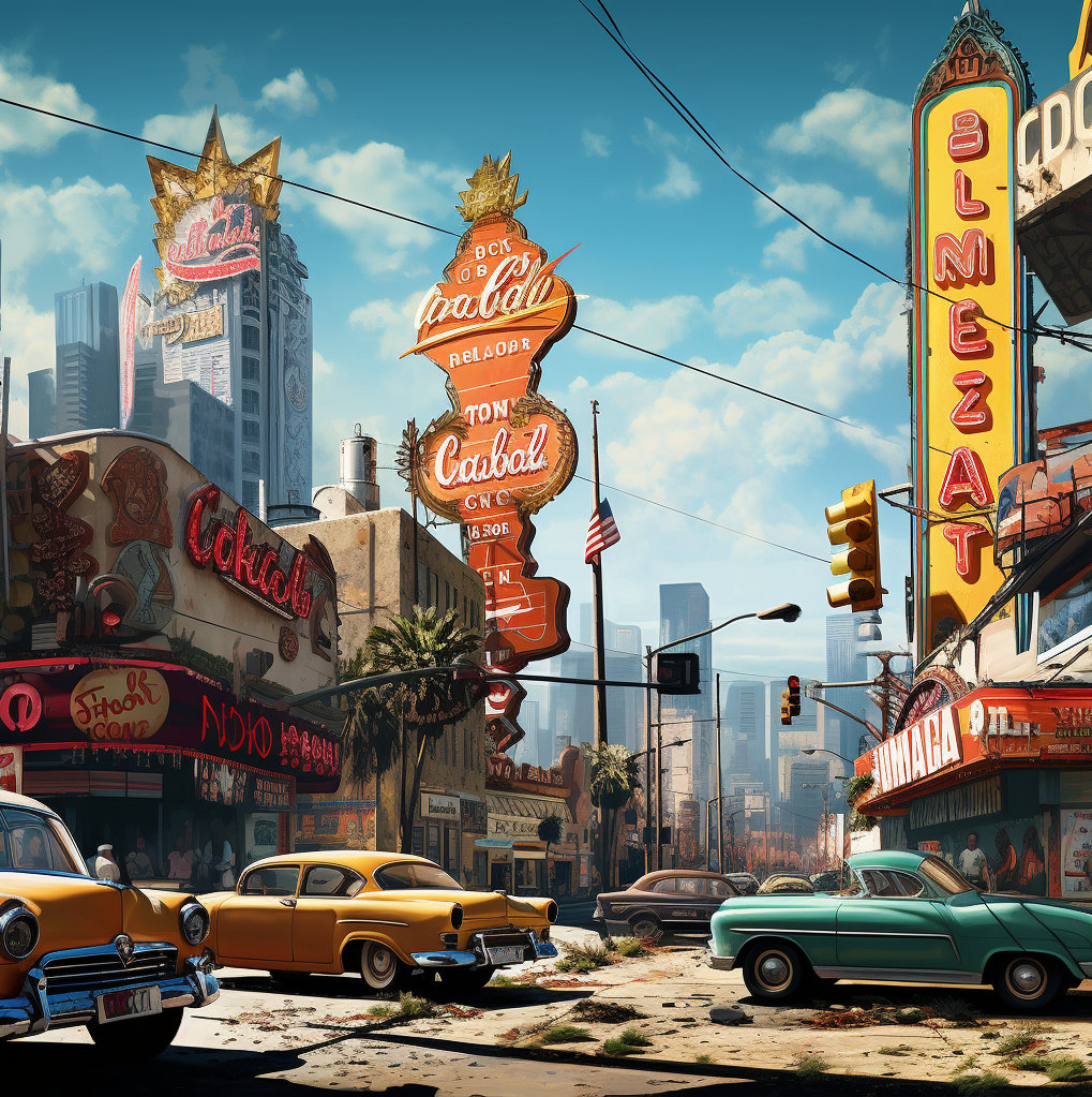syscrusher1709's tweet photo. @KenneyNL The prompt:
/imagine Cover art for "Fallout Los Angeles" TV series set in Hollywood, but blending the Cold War advertising style of the Bethesda video games with the cheap fakery of a behemoth corporation too stingy to pay an actual artist.

The results: https://t.co/pa6GkedclN