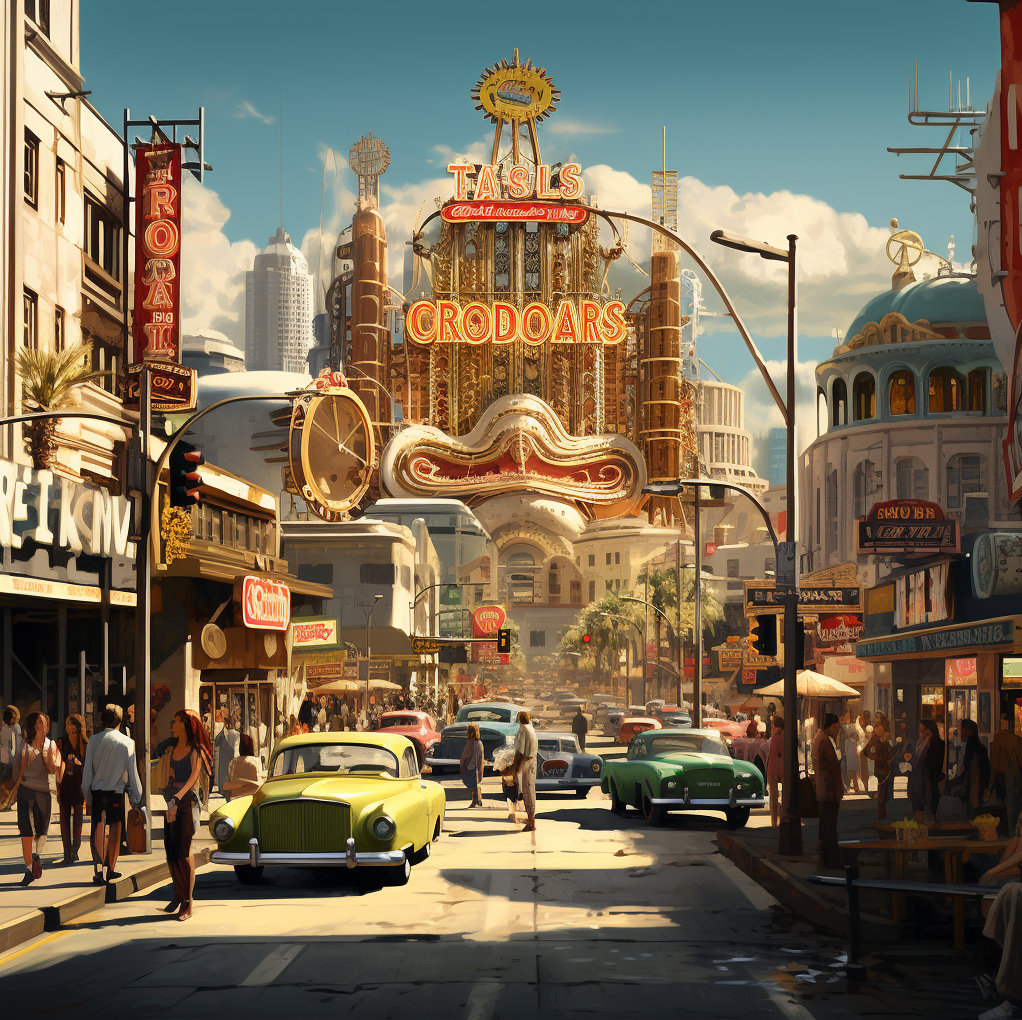 syscrusher1709's tweet photo. @KenneyNL The prompt:
/imagine Cover art for "Fallout Los Angeles" TV series set in Hollywood, but blending the Cold War advertising style of the Bethesda video games with the cheap fakery of a behemoth corporation too stingy to pay an actual artist.

The results: https://t.co/pa6GkedclN