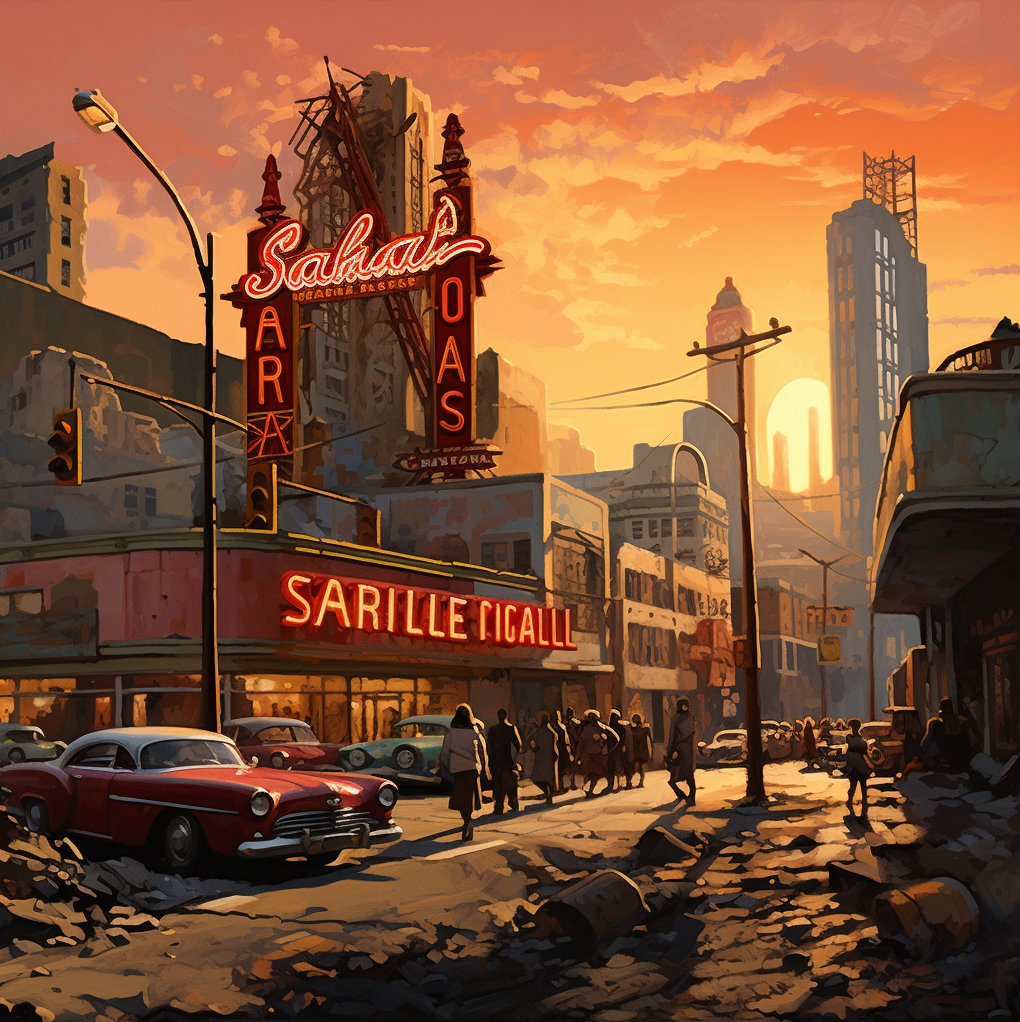 syscrusher1709's tweet photo. @KenneyNL The prompt:
/imagine Cover art for "Fallout Los Angeles" TV series set in Hollywood, but blending the Cold War advertising style of the Bethesda video games with the cheap fakery of a behemoth corporation too stingy to pay an actual artist.

The results: https://t.co/pa6GkedclN