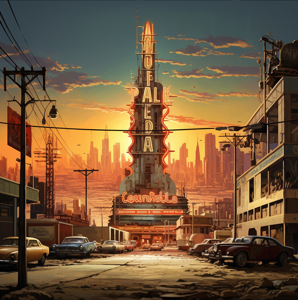 syscrusher1709's tweet photo. @KenneyNL The prompt:
/imagine Cover art for "Fallout Los Angeles" TV series set in Hollywood, but blending the Cold War advertising style of the Bethesda video games with the cheap fakery of a behemoth corporation too stingy to pay an actual artist.

The results: https://t.co/pa6GkedclN