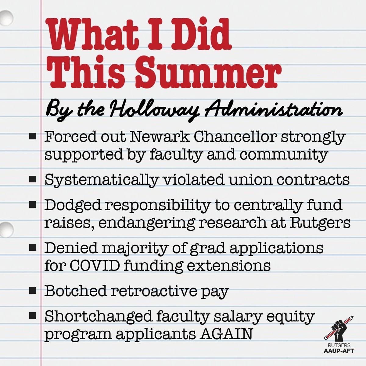 ProfTWolf's tweet photo. Hey @RutgersU and Jonathan Holloway, this was an impressive summer for stomping on your employees and undermining shared governance. #FailureofLeadership @ruaaup @ruaaup_ptl @ABhsnj @union1766 https://t.co/1XhOl72R7I
