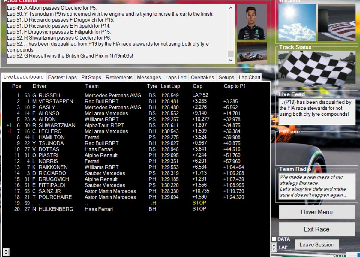 Formula0_versee's tweet photo. GEORGE RUSSELL VENCE O MONOTOMO GRANDE PREMIO DA INGLATERRA E SE ISOLA NA LIDERANÇA!!!

Numa das piores corridas da decada @georgerussellf0 fez uma corrida magistral e segurou @mv1_formula0 e @gaslydof0 para um Duplo podio da mercedes!!!