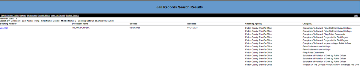 Former POTUS was allowed to "self-report" his weight and height etc., and now we have his booking number.  We await the mug shot as this insane political roller-coaster drama continues. #POTUS #TRUMP #TrumpMugShotDay #TrumpArrest #ATL #ATLANTA #FultonCountyJail #TrumpArraignment