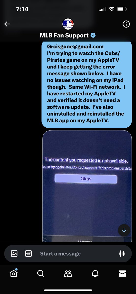 grcisgone's tweet photo. @MLBFanSupport I understand scripts help simplify the troubleshooting process, but wow, listen to your customer more.  I said what devices this is working on.  I told you I uninstalled and reinstalled the app.  Sometimes you need to deviate from your script. https://t.co/NjPQkyL80B