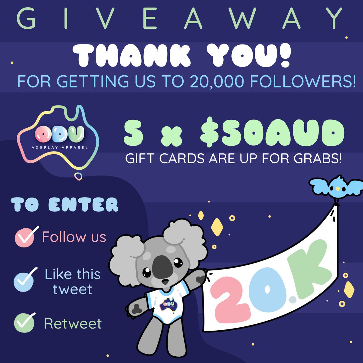 ⭐️ THANK YOU for 20K Followers! ⭐️

For your chance to win 1 of 5 ODU gift cards of $50AUD, all you have to do is:

Follow us!
Like
Retweet

We are blown away and overwhelmed with gratitude, thank you all so much for joining us on our journey! 🙏🥳