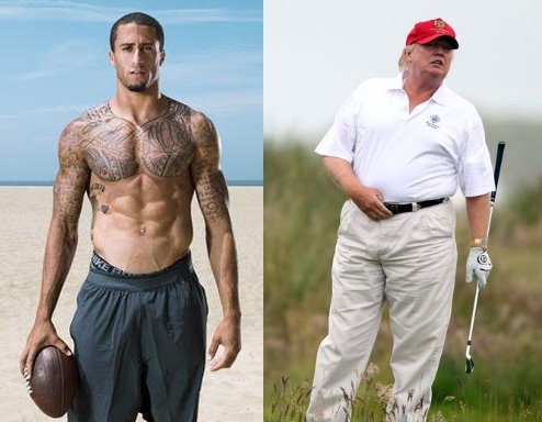 For what it's worth:

#ColinKaepernick is 6'4 230.

Trump has claimed to be 6'3 235.