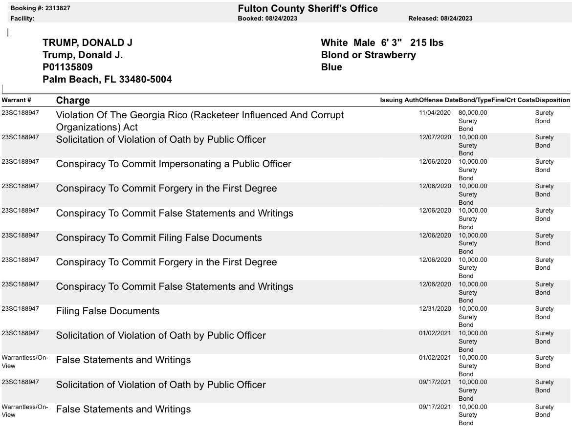 Here is the booking info for #DonaldTrump today. Been seeing a lot of fake mugshots and AI mugshots floating around. Waiting on the real one.