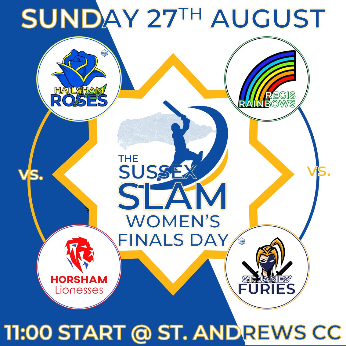 SussexSlam's tweet photo. WOMEN’S FINALS’ DAY

It’s a busy Slam weekend ahead as the season reaches its conclusion firstly with @HailshamCC Roses, @horshamcc Lionesses, @bognorcricketcc Rainbows and @StJamesFury Furies doing battle at @sacccricket on Sunday.

All very welcome 🌹🦁🌈🥷 https://t.co/MHTRSomZuI