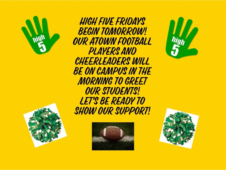 Dist276Atown's tweet photo. It is almost time for High Five Friday! HGS students bring your HIGH FIVES and your SMILES tomorrow!!#atownpride https://t.co/QD00Cg6dUN
