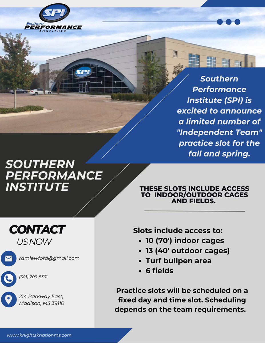 Southern Performance Institute (@spinstitute_ms) on Twitter photo Southern Performance Institute is excited to announce a limited number of “Independent Team” practice slots for the Fall and Spring. Please contact Ramie Ford at (601) 209-8361 or at ramiewford@gmail.com for more information or to schedule a visit. <a href="/knightsMS_/">Knights Knation Baseball Mississippi</a> Southern Performance Institute is excited to announce a limited number of “Independent Team” practice slots for the Fall and Spring. Please contact Ramie Ford at (601) 209-8361 or at ramiewford@gmail.com for more information or to schedule a visit. <a href="/knightsMS_/">Knights Knation Baseball Mississippi</a>