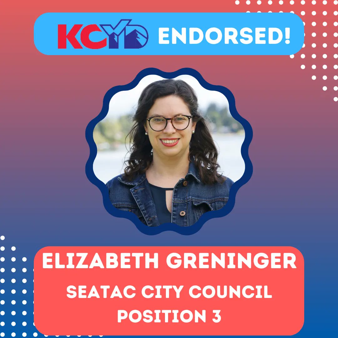 KingCountyYDs's tweet image. KCYD enthusiastically endorses Elizabeth Greninger for SeaTac City Council Position 3! Young Democrats need to support her campaign and get out the vote!