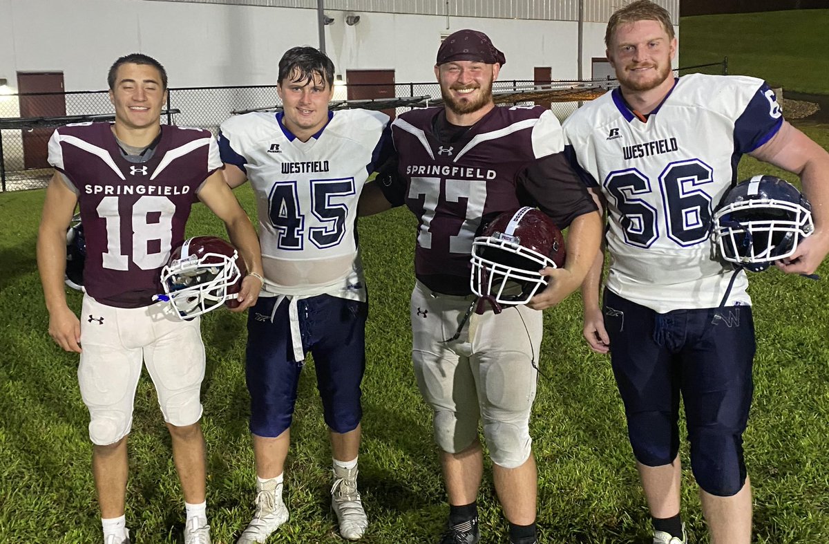 Four former SHS Captains battled it out in a scrimmage today.  <a href="/TJWelch15/">TJ Welch</a>, Matt Power, @GradyRoadman and Cade Nelson. 
<a href="/_SCFootball/">Springfield Football</a> <a href="/WSUOwlsFootball/">Westfield State Football</a> 
We are proud of you.  Good luck this season!