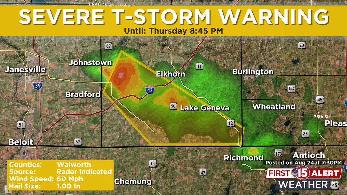 A *Severe Thunderstorm Warning* has been issued for Walworth counties until 24 Aug 8:45PM. Tune in to NBC15 for the latest updates!