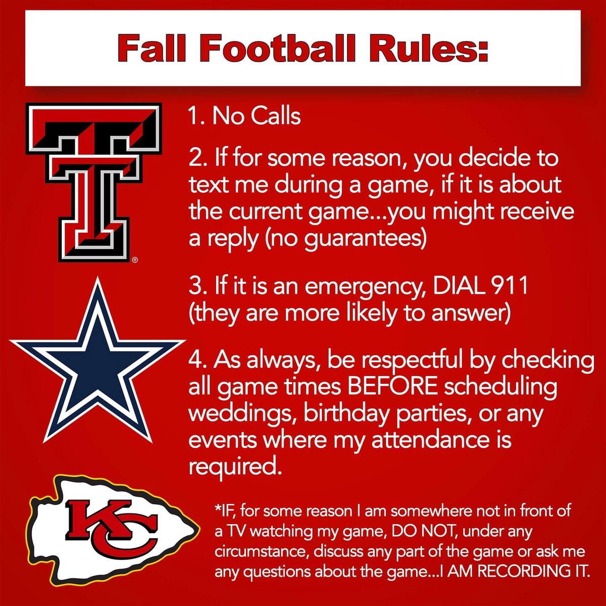 Rowdy319's tweet photo. @TexasTechFB  🏈 9 Days
@Chiefs  🏈 14 Days
@dallascowboys  🏈 17 Days
Let’s Go!! https://t.co/23qFVJZbuL