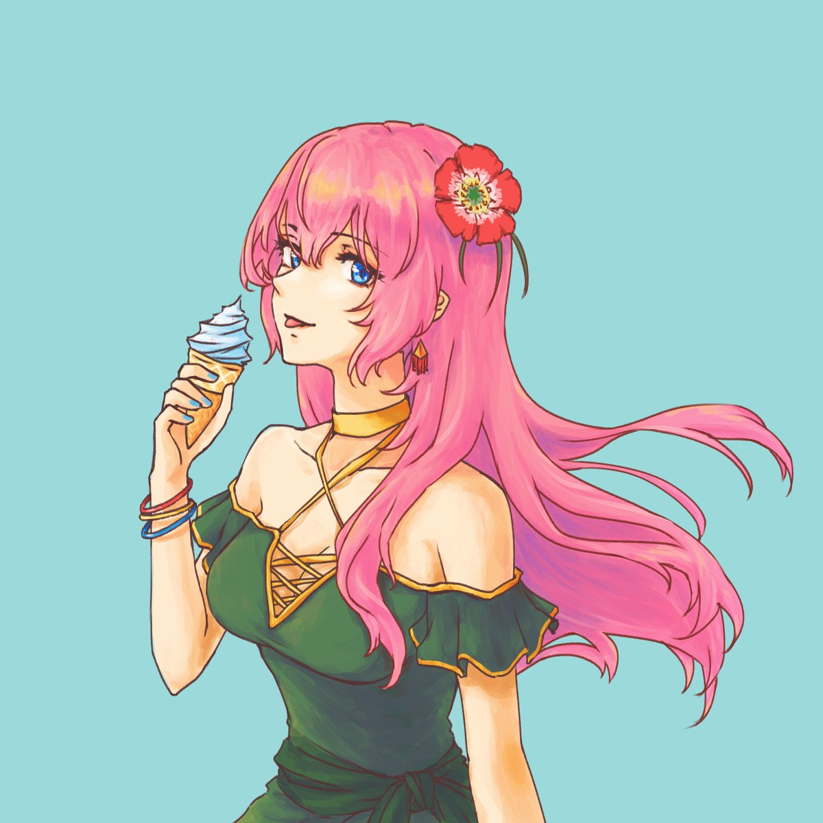巡音ルカ 「シ硫さんのルカさん!夏らしい爽やかな装いホ～アイスクリームを食べる姿が美しいホー」|piapro(ピアプロ)のイラスト