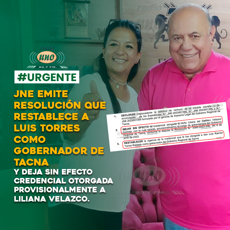 radiouno_pe's tweet photo. 📷#Último| #jne emite resolución que restituye a Luis Torres Robledo como gobernador regional de Tacna.
📷Por su parte, queda invalidada la credencial de la gobernadora provisional Liliana Velazco Cornejo.
@JNE_Peru @RegionTacna @congresoperu @Muni_Tacna https://t.co/CPkrINMOYf