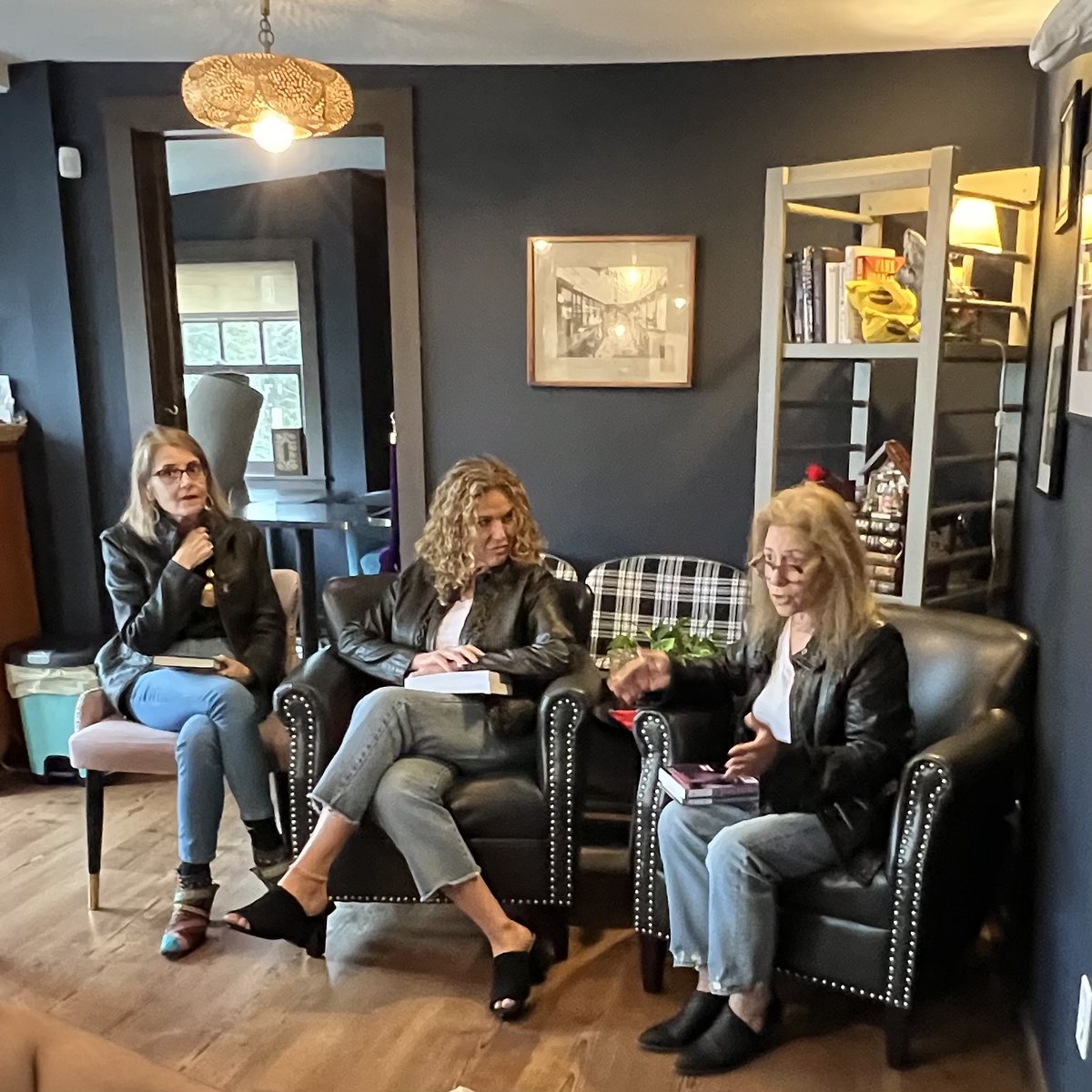 Awesome afternoon listening to three writers L-R Patricia Dunn @Shewrites #herfathersdaughter Debbie Levison THE CRATE, and @WendyCWhitman RETRIBUTION, who turned real life crimes into novels at Gretchen Menzies' Katonah Reading Room! #thrillerbooks #truecrime #sistersincrime