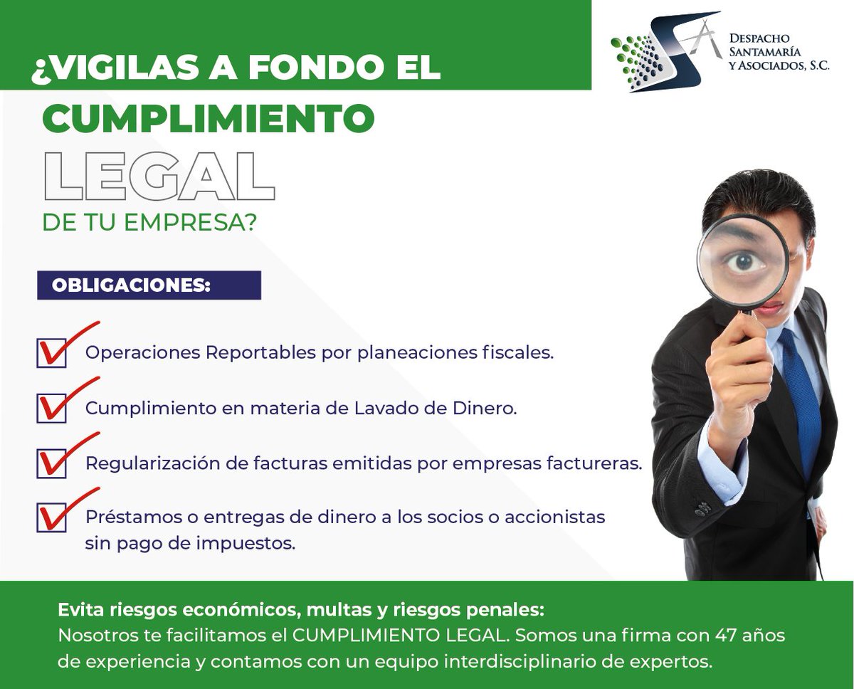 DSA_Santamaria's tweet photo. ¿VIGILAS A FONDO EL CUMPLIMIENTO LEGAL DE TU EMPRESA?

Los riesgos económicos, las multas y los riesgos penales pueden llegar a tu empresa si no vigilas el CUMPLIMIENTO LEGAL de las obligaciones.

Te facilitamos el CUMPLIMIENTO LEGAL con un equipo interdisciplinario de expertos. https://t.co/9Cx0uPs9Ff