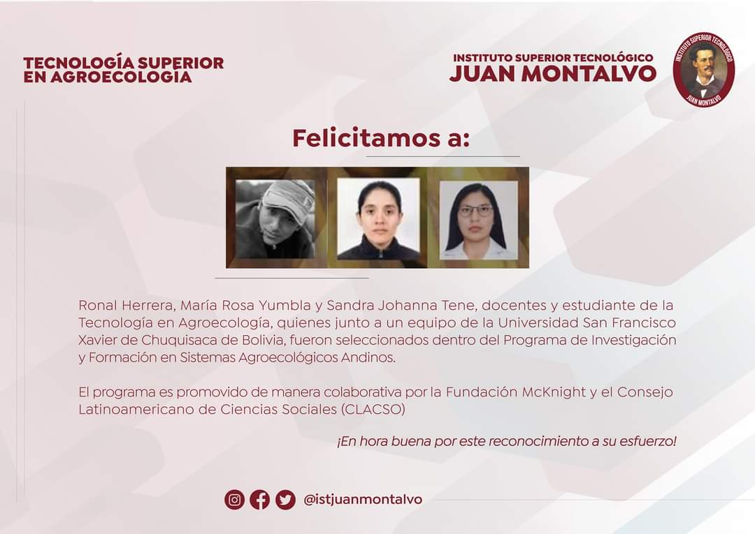 #OrgulloISTJM

👉 Docentes y estudiante de la carrera de Agroecología formarán parte del Programa de Investigación y Formación en Sistemas Agroecológicos Andinos, de la Fundación McKnight y CLACSO.

🖇️ Lee la nota completa en: istjm.edu.ec/4331-2/

#ISTJM #JuanMontalvo