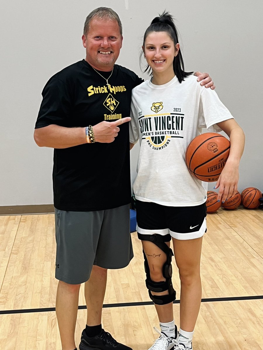 Coach__Strick's tweet photo. She’s baaaccckkk!!! The minute she got cleared she let me know she was ready to get on the schedule and get to work! BIG progress in just a month😤 Today was our last day in the gym together before she heads back to @SVC_WomensBball🏀 Comeback season officially loading📈 https://t.co/oLKKrrNRP3